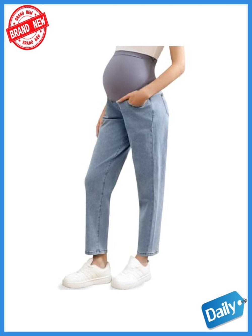 Maternity Boyfriend Jeans Over Belly, Stretch Pregnancy Pants with Pockets